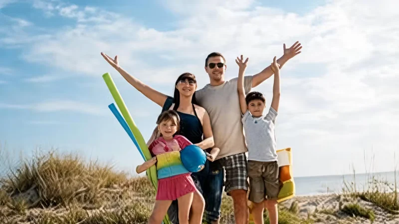 Famiglia di ospiti felici in vacanza al mare